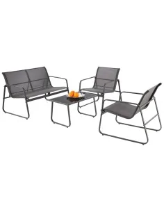 Set mobilier de gradina si terasa HM Conor, metalic, tapiterie mesh, cu canapea, fotolii si masuta cafea, 4 persoane, gri inchis